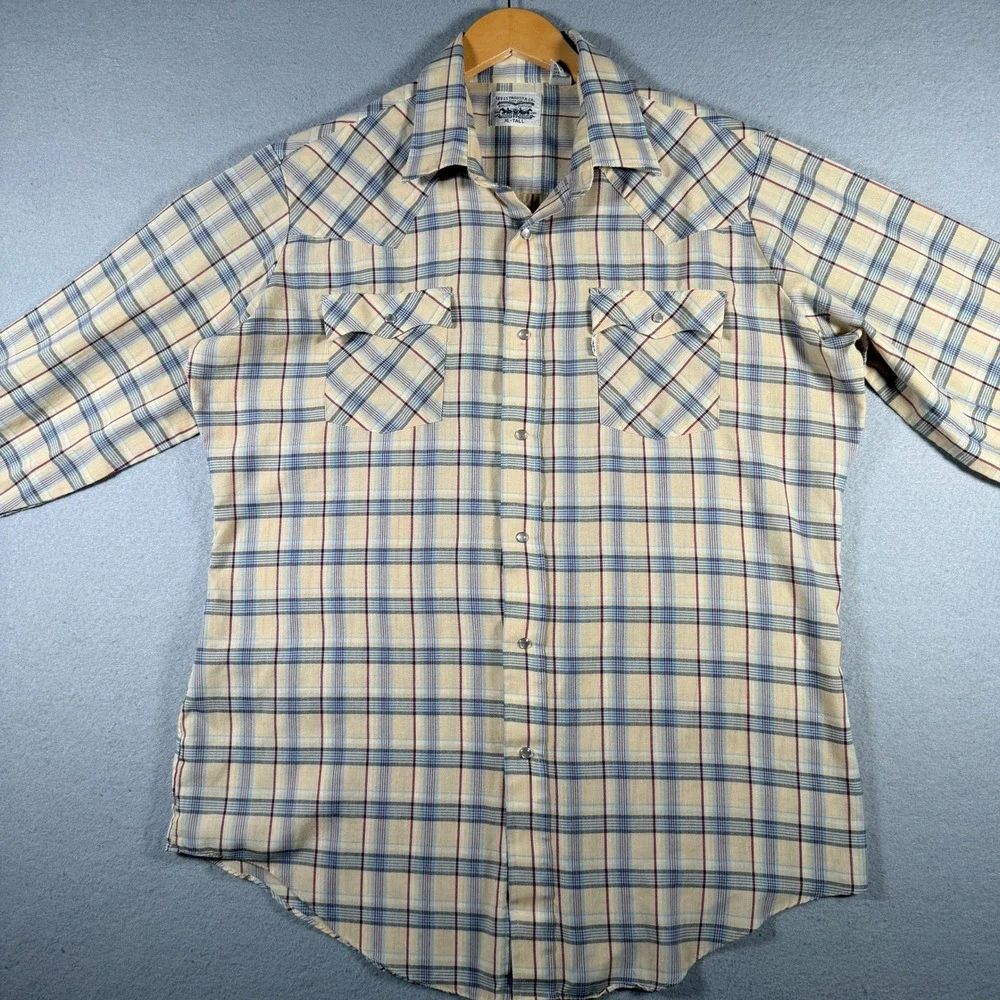Levis Vintage Western Pearl Snap Shirt Mens XL Tall Plaid Tan Blue Red Korea